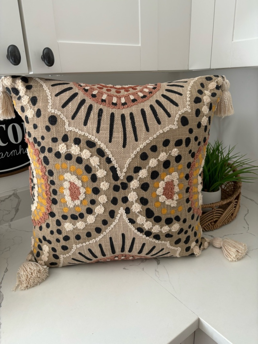 Bohemian Tassled Throw Pillow Mixed Textiles Cream Black Terra Cotta 19x19 Decor - Picture 4 of 12